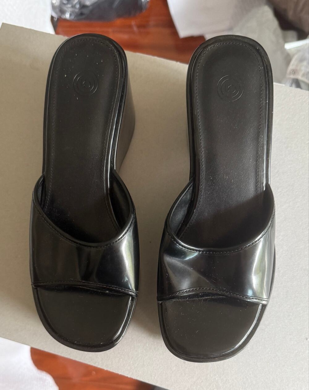 Urban Outfitters Black Platform Wedge Mule Slides Womens 8 Y2K Chunky Sandals